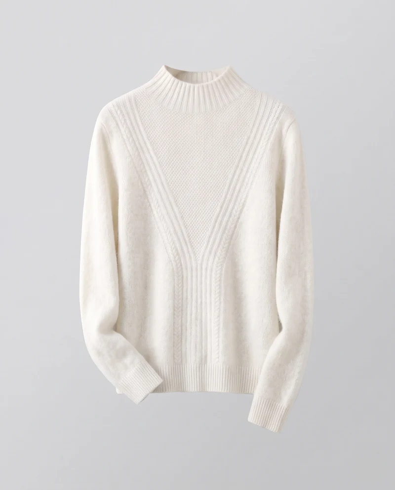 Damen Flauschiger Mockneck Pullover mit Kabelmuster und Offenes Panel Nord Taschen