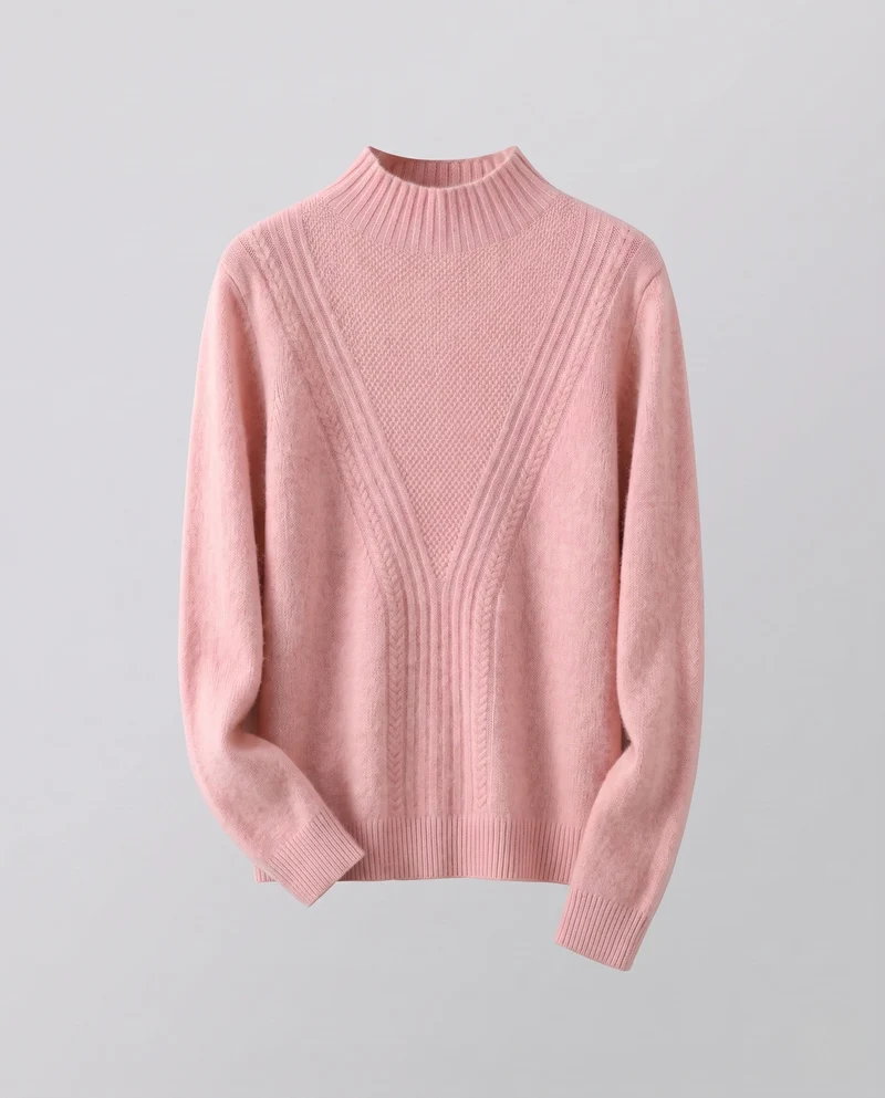 Damen Flauschiger Mockneck Pullover mit Kabelmuster und Offenes Panel Nord Taschen