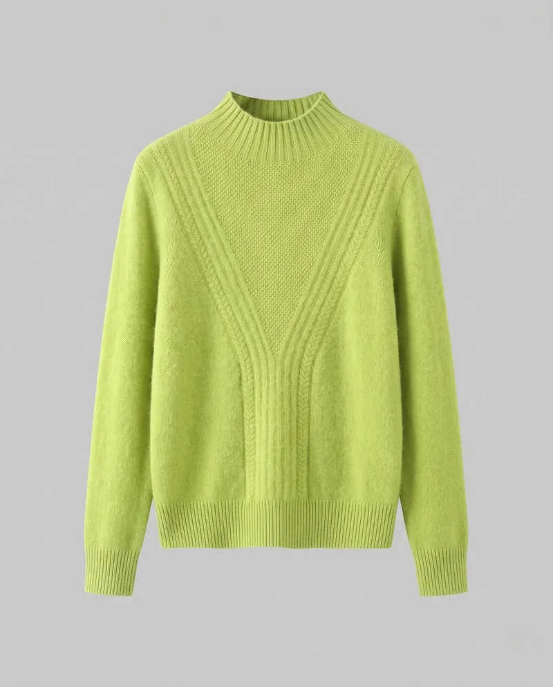 Damen Flauschiger Mockneck Pullover mit Kabelmuster und Offenes Panel Nord Taschen