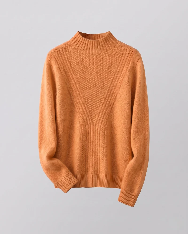 Damen Flauschiger Mockneck Pullover mit Kabelmuster und Offenes Panel Nord Taschen