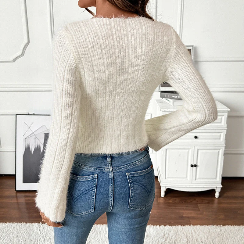 Damen Figurnaher Mohair-Optik Pullover mit eckigem Dekolleté und Glockenärmeln Nord Taschen