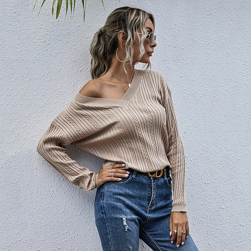 Damen Figurnaher Rippstrick‑V‑Pullover mit Ajour‑ und Zopfmuster Nord Taschen
