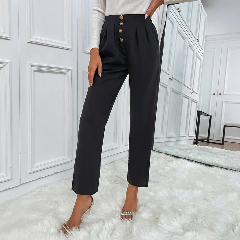 Damen Hochtaillierte Bundfalten-Hose mit dekorativer Knopfleiste und geradem Bein Nord Taschen