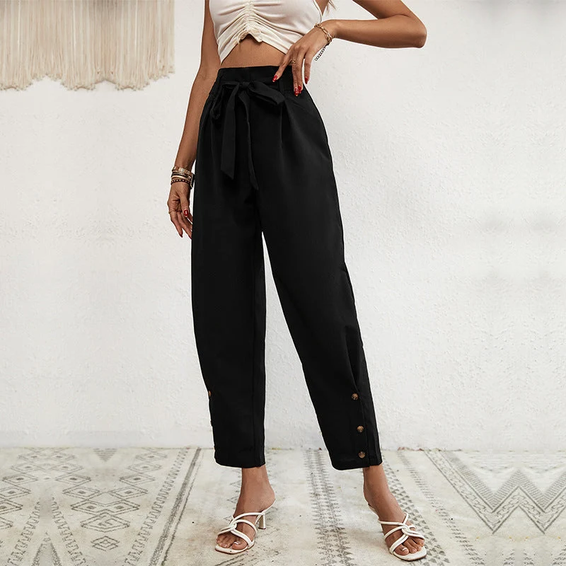 Damen Hochtaillierte Paperbag-Hose mit Bindegürtel, tapered Bein und Zierknopfleiste Nord Taschen