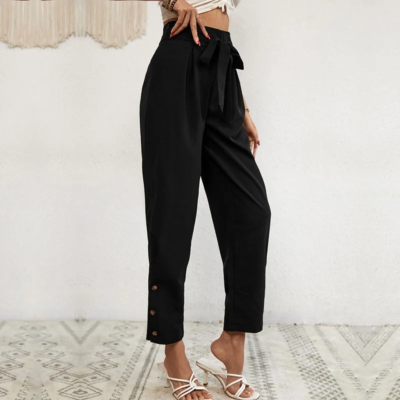 Damen Hochtaillierte Paperbag-Hose mit Bindegürtel, tapered Bein und Zierknopfleiste Nord Taschen