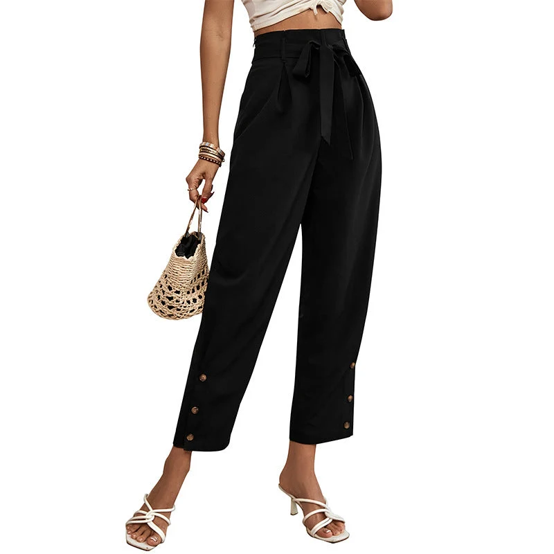 Damen Hochtaillierte Paperbag-Hose mit Bindegürtel, tapered Bein und Zierknopfleiste Nord Taschen