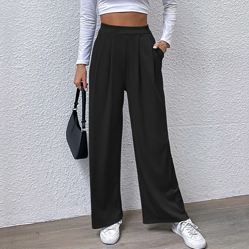 Damen hochtaillierte weite Hose mit Vorderfalten, elastischem Bund und Seitentaschen Nord Taschen