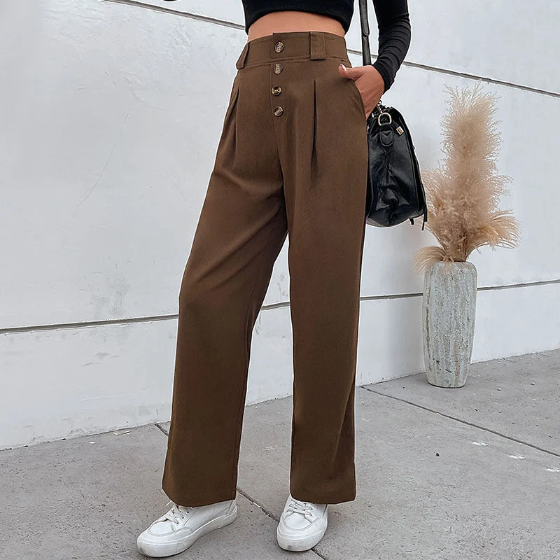 Damen Hochtaillierte weite Stoffhose mit Zierknopfleiste und Bundfalten Nord Taschen