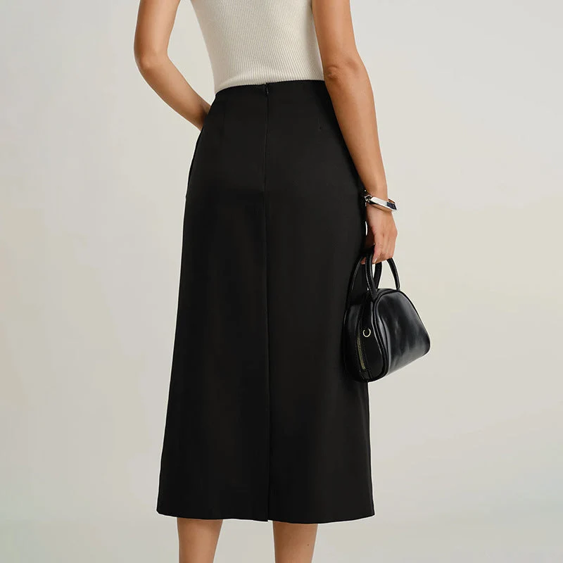 Damen Hochtaillierter Midirock mit durchgehender Knopfleiste, Pattentaschen und Frontschlitz Nord Taschen