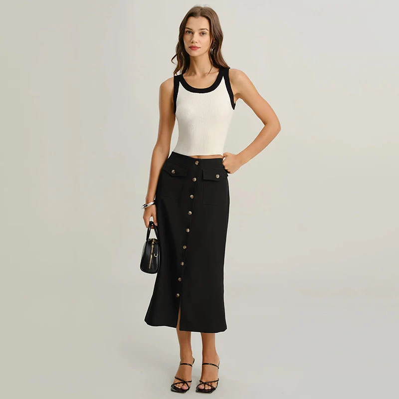 Damen Hochtaillierter Midirock mit durchgehender Knopfleiste, Pattentaschen und Frontschlitz Nord Taschen