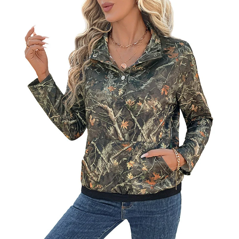 Damen Hoodie im Camouflage‑Blätterprint mit halber Druckknopfleiste und Kängurutasche Nord Taschen