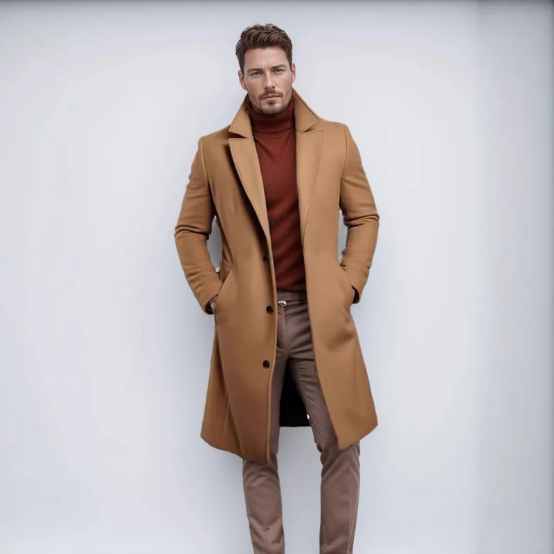 Herren Langer taillierter Mantel mit breitem Revers und edler Wollmischung Nord Taschen