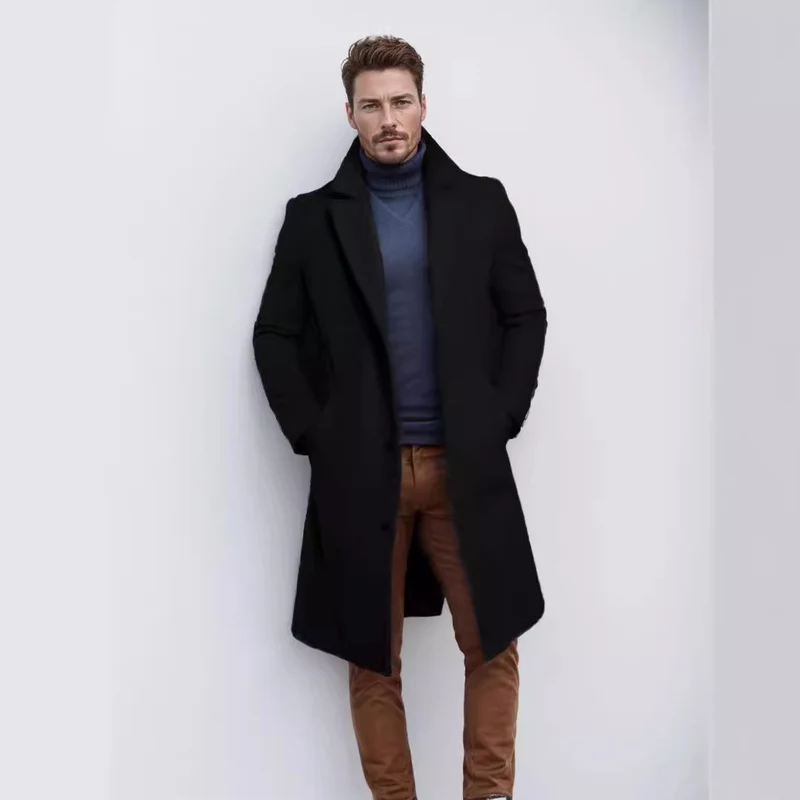 Herren Langer taillierter Mantel mit breitem Revers und edler Wollmischung Nord Taschen