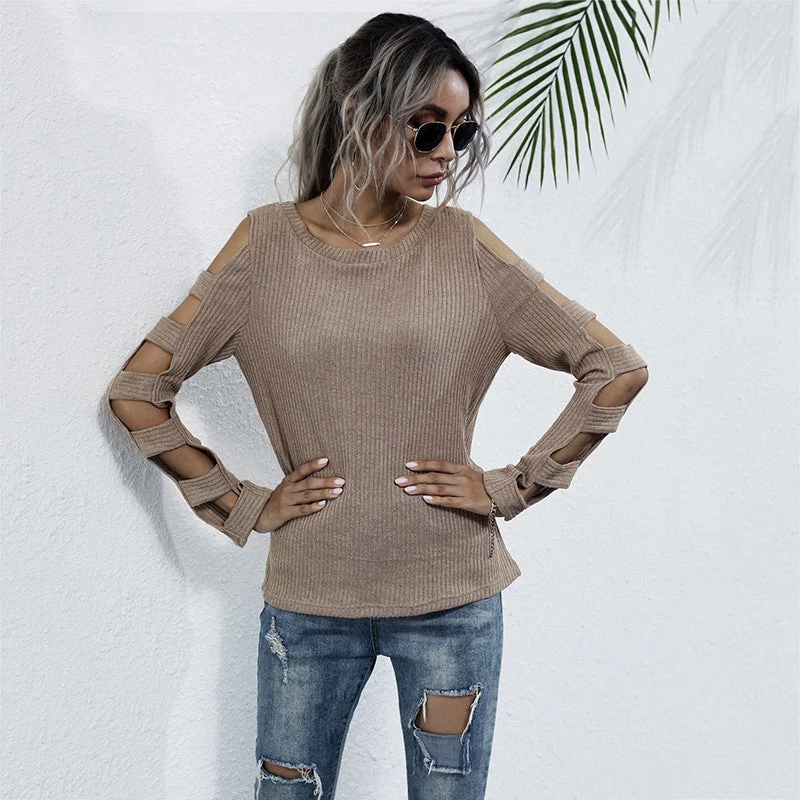 Damen gerippter Strickpullover mit Cut-Out-Ärmeln und Schulter-Ausschnitten Nord Taschen