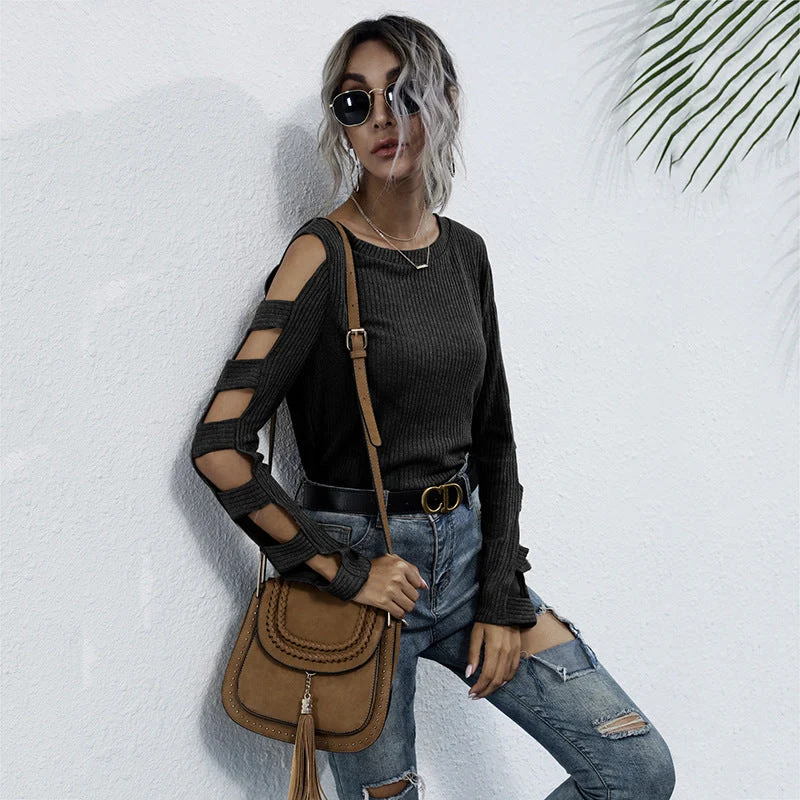Damen gerippter Strickpullover mit Cut-Out-Ärmeln und Schulter-Ausschnitten Nord Taschen