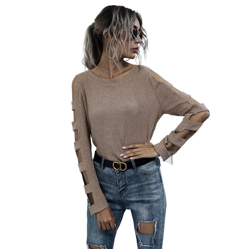 Damen gerippter Strickpullover mit Cut-Out-Ärmeln und Schulter-Ausschnitten Nord Taschen