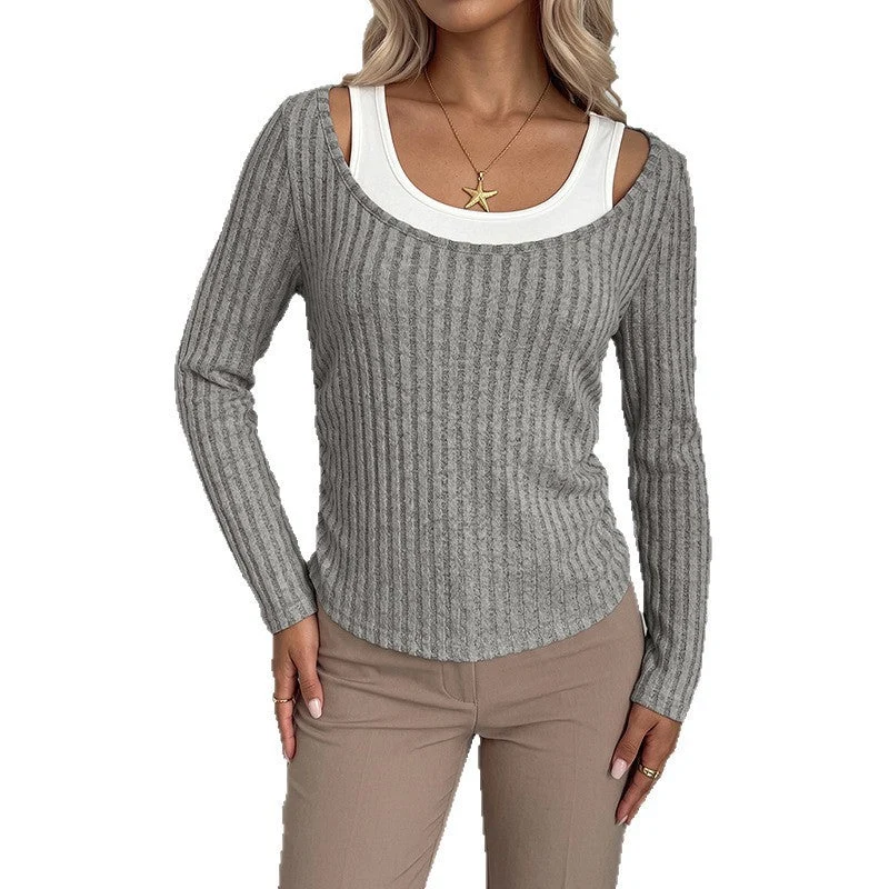 Damen Geripptes Langarmshirt mit weitem U-Boot-Ausschnitt und taillierter Silhouette Nord Taschen