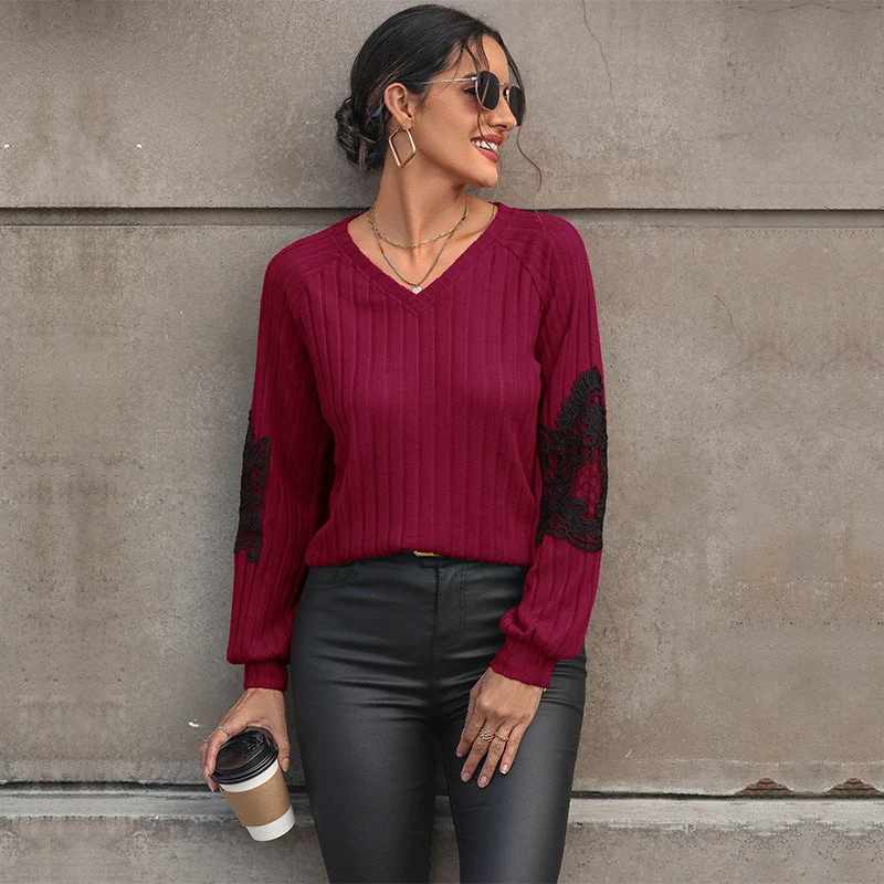 Damen Geripptes Longsleeve mit V‑Ausschnitt, Spitzen‑Einsätzen an den Ellbogen und Ballonärmeln Nord Taschen