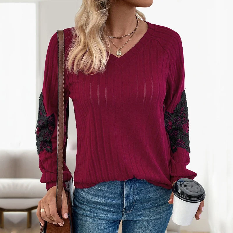 Damen Geripptes Longsleeve mit V‑Ausschnitt, Spitzen‑Einsätzen an den Ellbogen und Ballonärmeln Nord Taschen