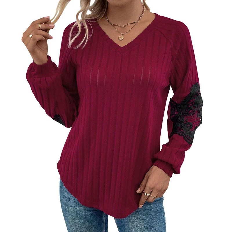 Damen Geripptes Longsleeve mit V‑Ausschnitt, Spitzen‑Einsätzen an den Ellbogen und Ballonärmeln Nord Taschen