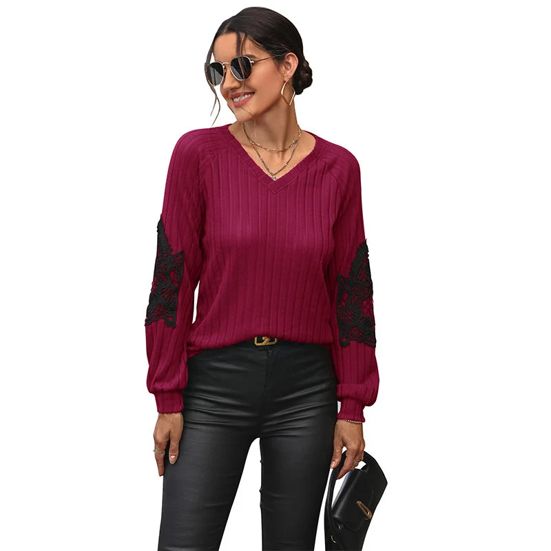 Damen Geripptes Longsleeve mit V‑Ausschnitt, Spitzen‑Einsätzen an den Ellbogen und Ballonärmeln Nord Taschen
