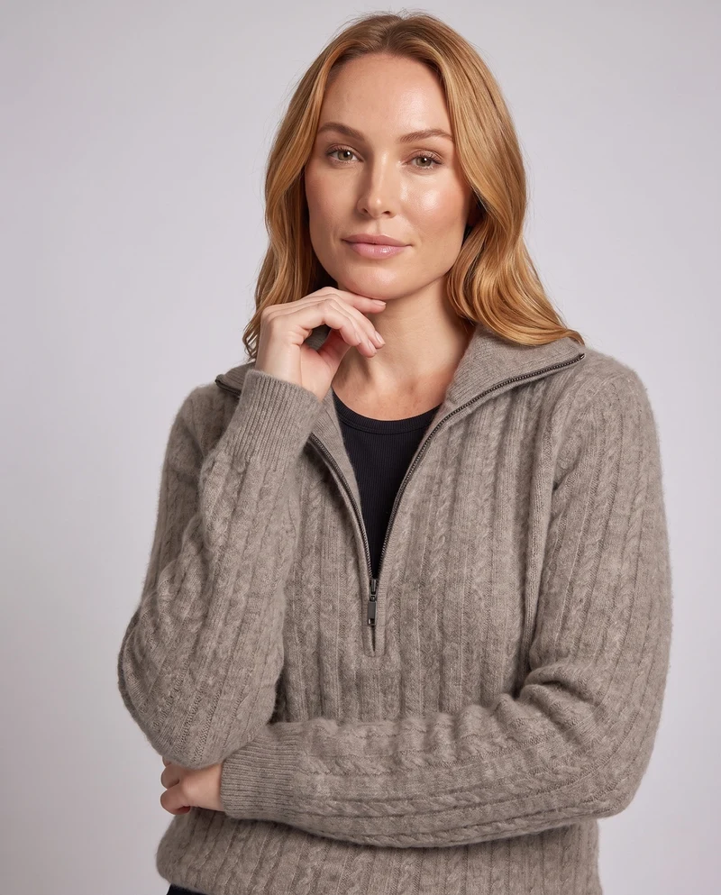 Damen Fuzzy Halb Reißverschluss Mock Neck Pullover mit gerippten Ärmeln und lässiger Silhouette Nord Taschen