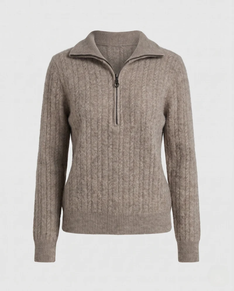 Damen Fuzzy Halb Reißverschluss Mock Neck Pullover mit gerippten Ärmeln und lässiger Silhouette Nord Taschen
