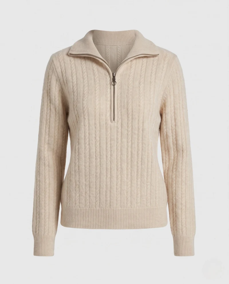 Damen Fuzzy Halb Reißverschluss Mock Neck Pullover mit gerippten Ärmeln und lässiger Silhouette Nord Taschen