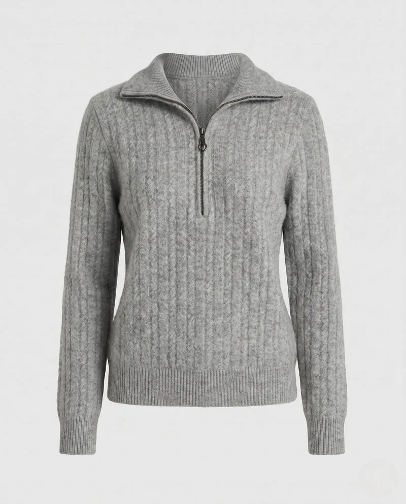 Damen Fuzzy Halb Reißverschluss Mock Neck Pullover mit gerippten Ärmeln und lässiger Silhouette Nord Taschen