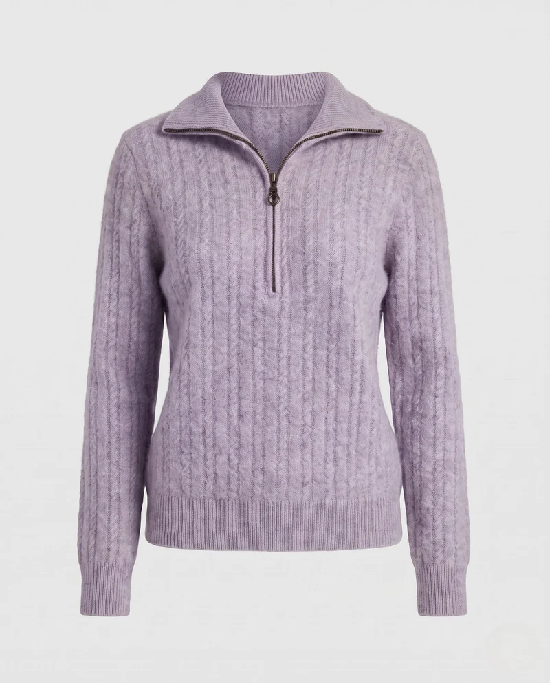 Damen Fuzzy Halb Reißverschluss Mock Neck Pullover mit gerippten Ärmeln und lässiger Silhouette Nord Taschen
