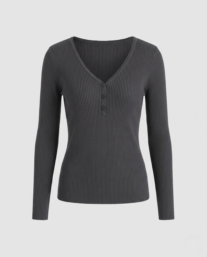 Damen figurbetonender gerippter Cardigan mit V-Ausschnitt und zartem Knopfverschluss Nord Taschen