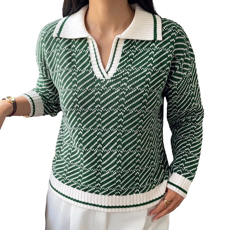 Damen Jacquard-Strickpullover mit Polokragen und V‑Schlitz Nord Taschen