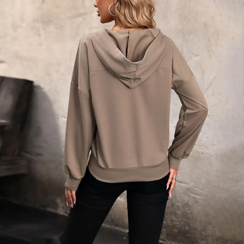 Damen Kapuzen-Henley-Pullover mit Druckknopfleiste, überschnittener Schulter und geripptem Saum Nord Taschen