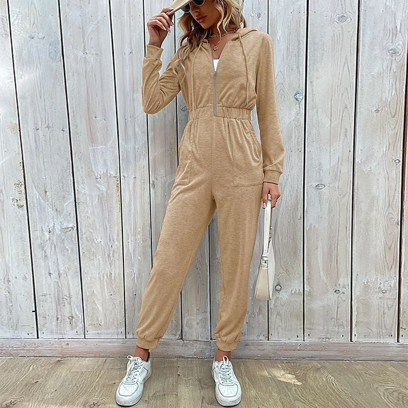 Damen Kapuzen-Jumpsuit mit Reißverschluss, elastischer Taillenpassform & Joggerbündchen Nord Taschen