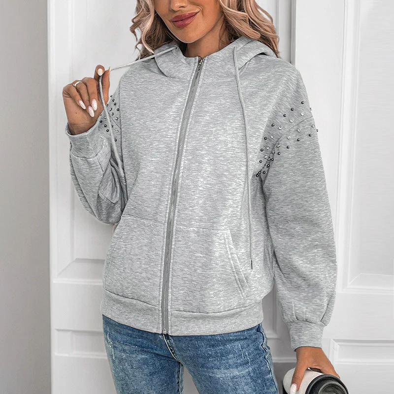 Damen Kapuzenjacke mit Reißverschluss und Perlendetail an den Ärmeln Nord Taschen