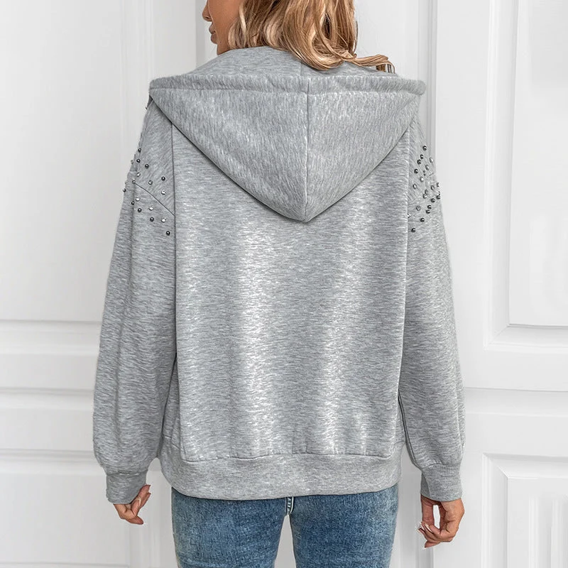 Damen Kapuzenjacke mit Reißverschluss und Perlendetail an den Ärmeln Nord Taschen