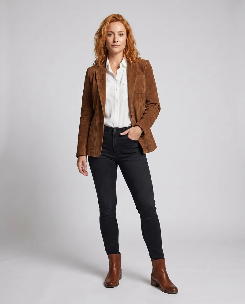 Damen Wildlederblazer mit eleganten Details und praktischen Taschen Arvani