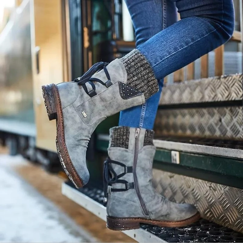 Damen Gefütterte knöchelhohe Winterstiefelette mit Strickmanschette und Zierschnürung Nord Taschen
