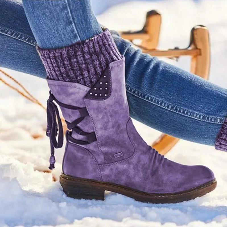 Damen Gefütterte knöchelhohe Winterstiefelette mit Strickmanschette und Zierschnürung Nord Taschen