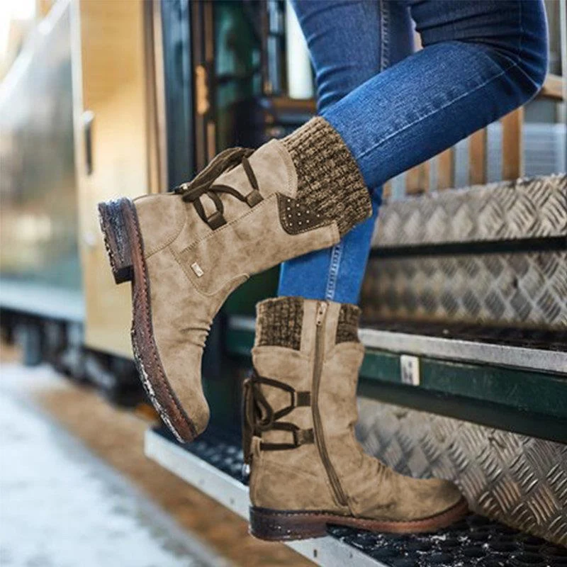 Damen Gefütterte knöchelhohe Winterstiefelette mit Strickmanschette und Zierschnürung Nord Taschen