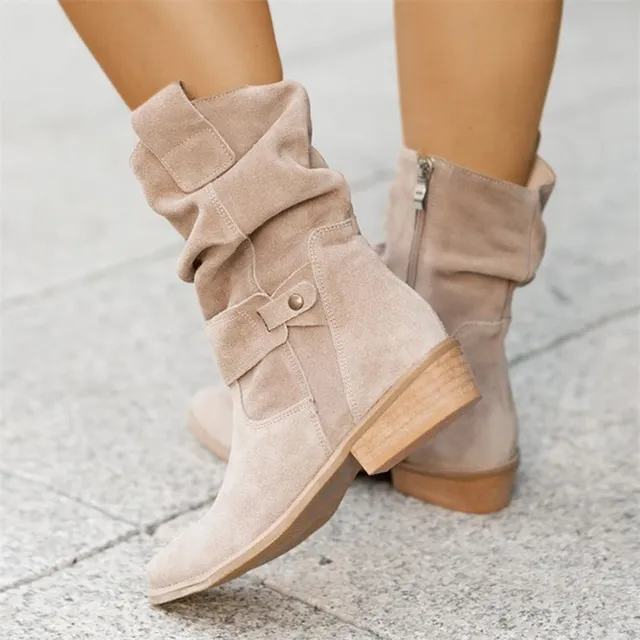 Damen Stiefel Wildlederlook mit niedrigem Absatz für bequeme Wintertage