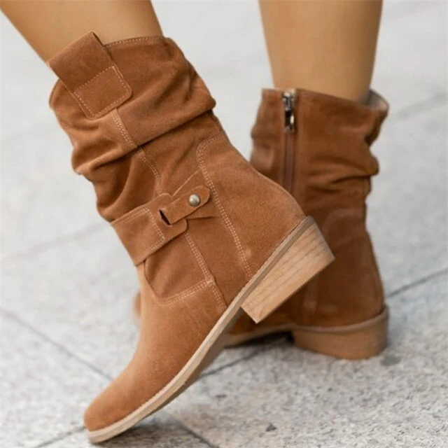 Damen Stiefel Wildlederlook mit niedrigem Absatz für bequeme Wintertage