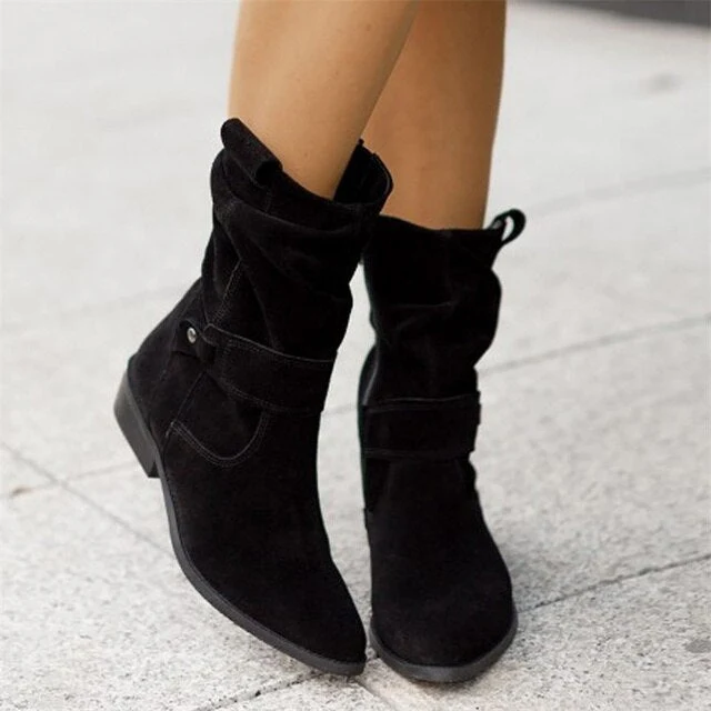 Damen Stiefel Wildlederlook mit niedrigem Absatz für bequeme Wintertage