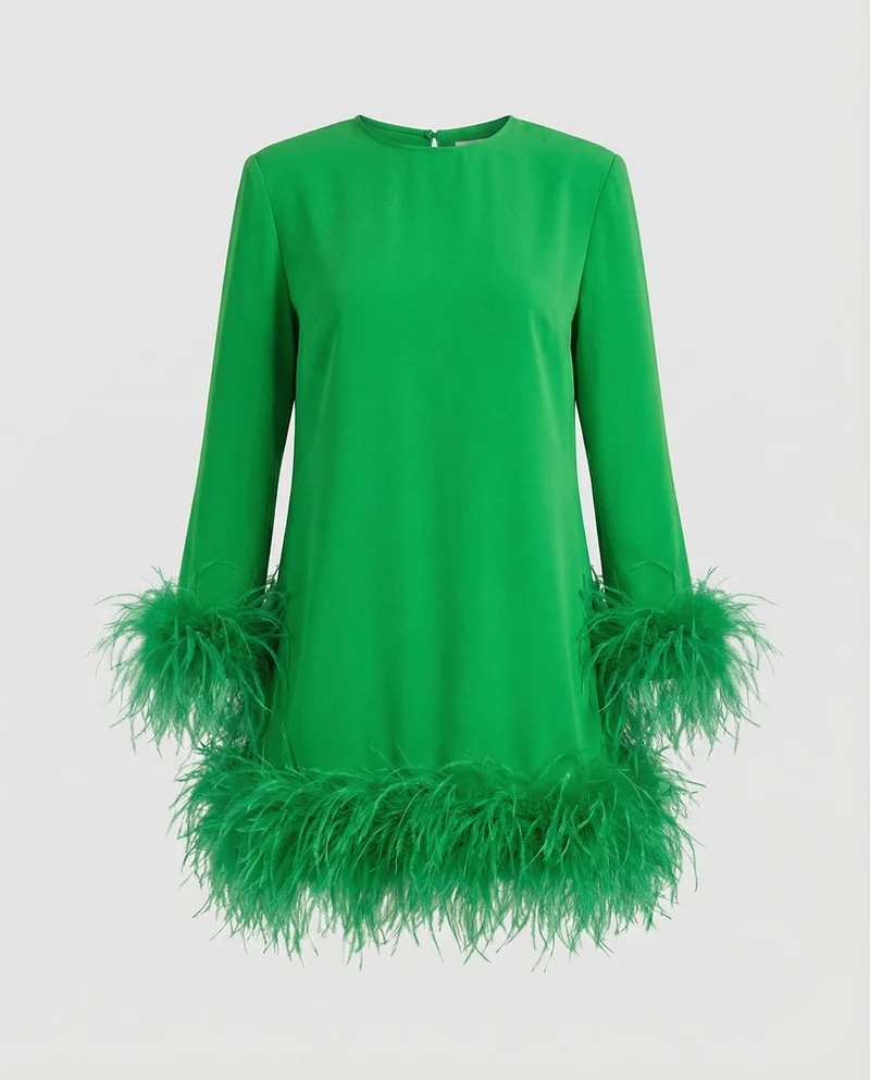 Damen Edle Federbesatz-Detail Mischgewebe Minikleid