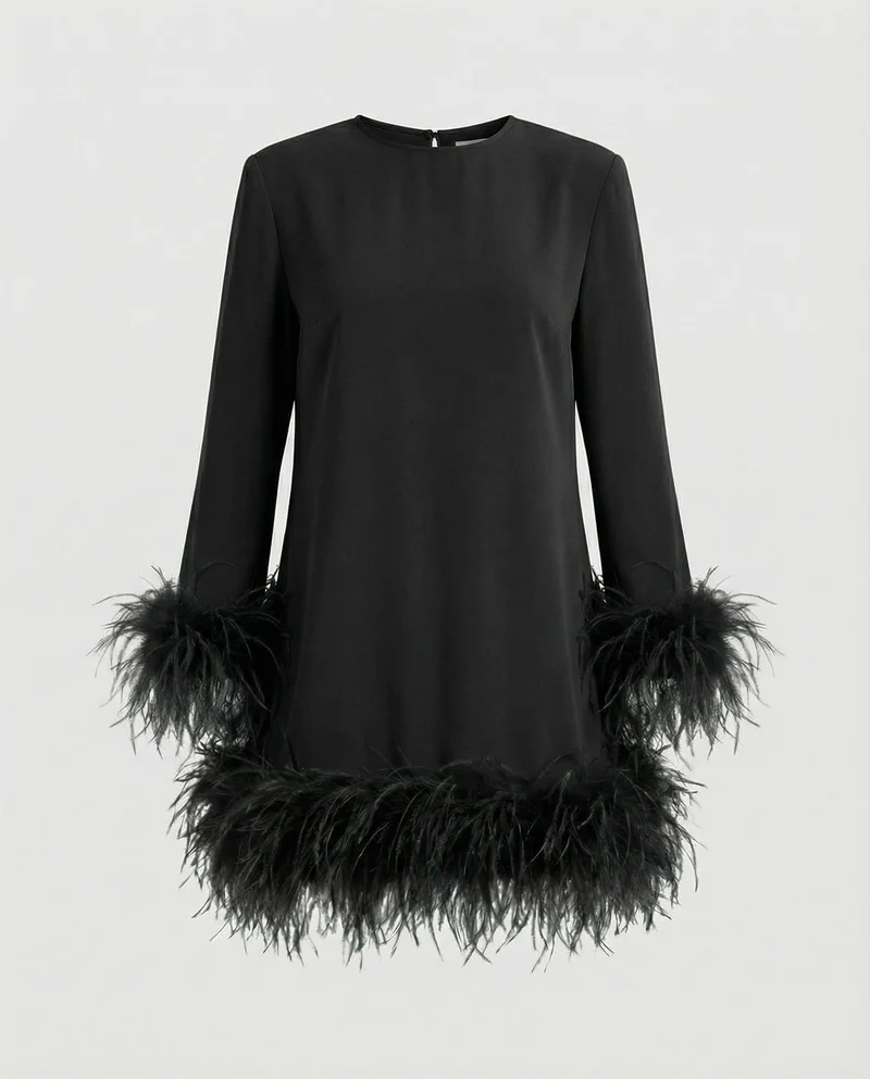Damen Edle Federbesatz-Detail Mischgewebe Minikleid