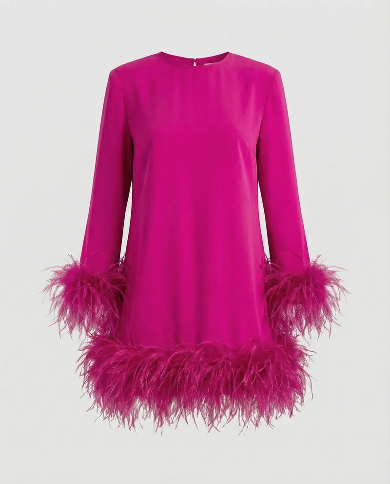 Damen Edle Federbesatz-Detail Mischgewebe Minikleid