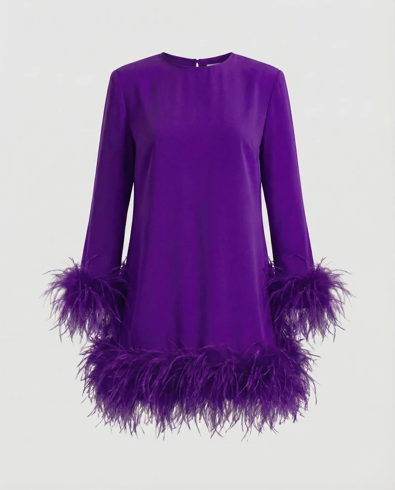 Damen Edle Federbesatz-Detail Mischgewebe Minikleid
