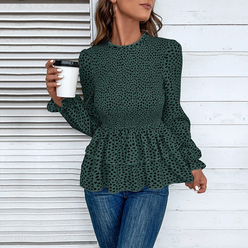 Damen Gesmokte Volant-Bluse mit Rüschen-Taille und langen Ärmeln Nord Taschen