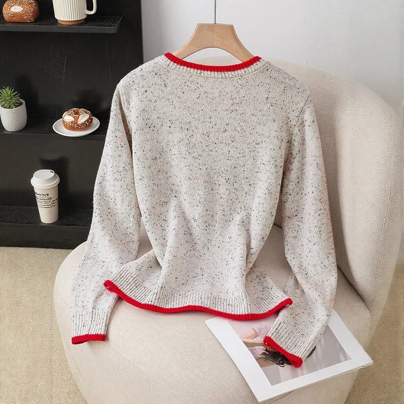 Damen Gesprenkelte Strickjacke mit Kontrastkanten und Herzknöpfen Nord Taschen
