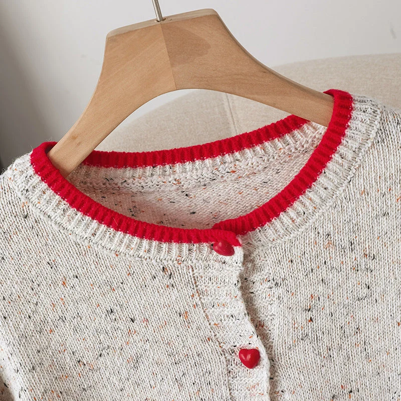 Damen Gesprenkelte Strickjacke mit Kontrastkanten und Herzknöpfen Nord Taschen